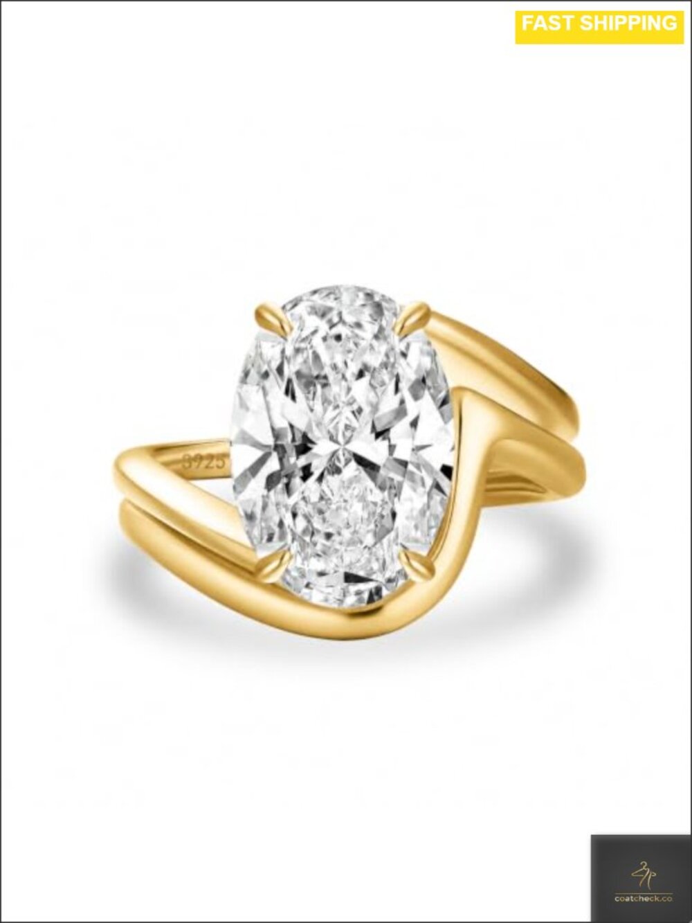 Sterling Silver 14K Gold Plated 5 Carat Oval CZ Wave Ring Set Size 6